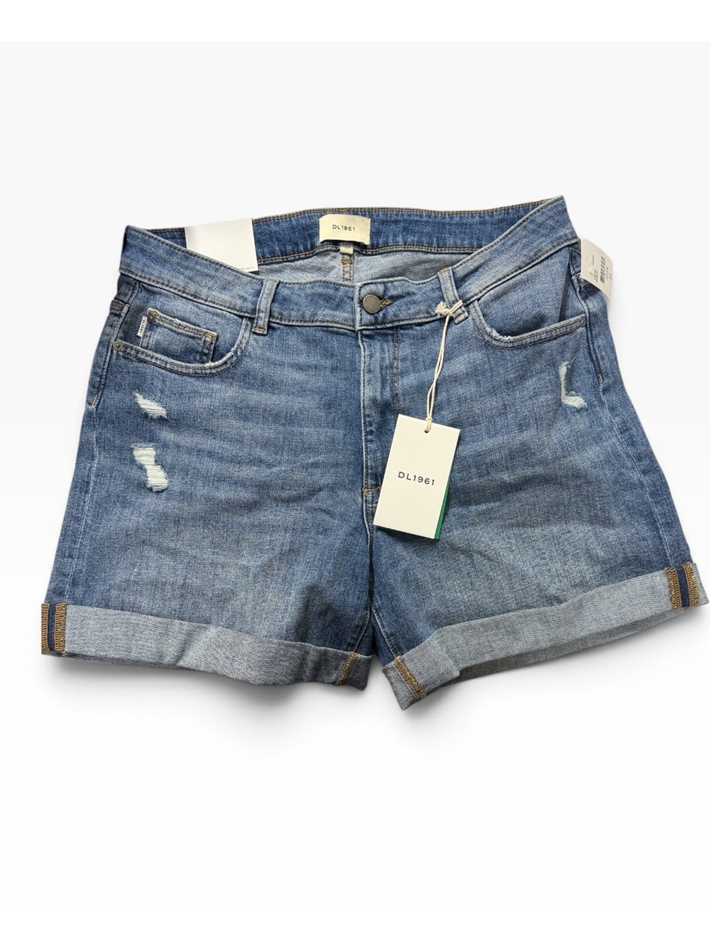 DL1961 Mid-Blue Rolled Hem Distressed Denim Shorts